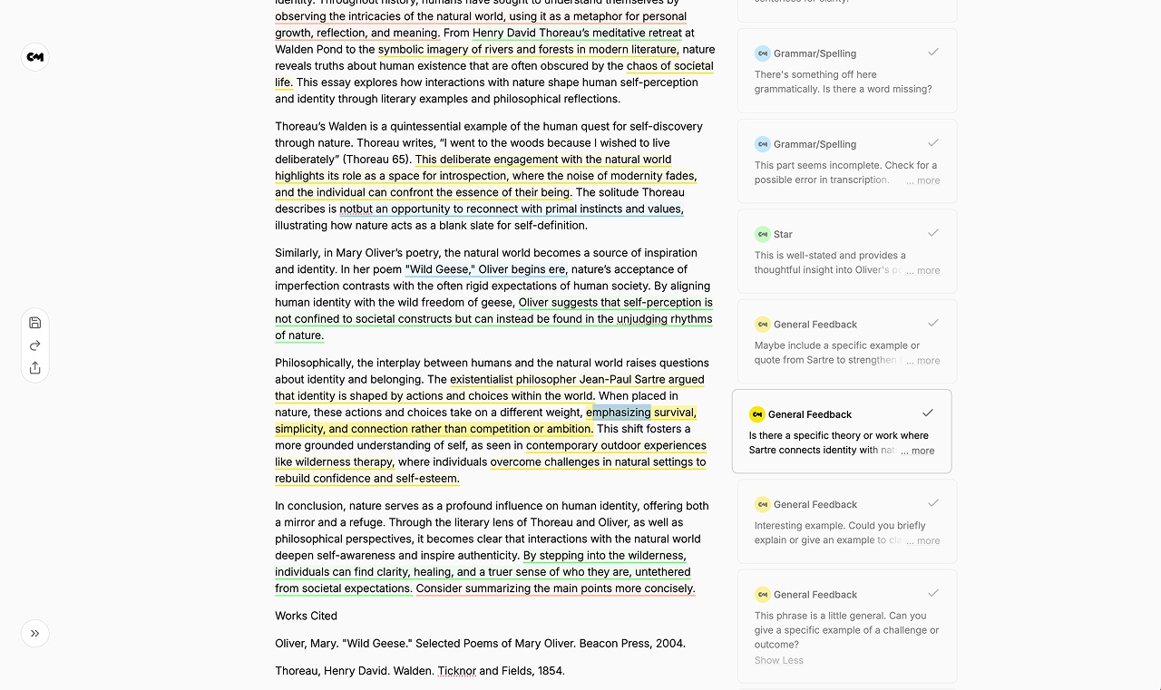 Classmate's editor: an essay with color-coded feedback highlights and comment cards (Grammar/Spelling, Star, General Feedback) next to the text