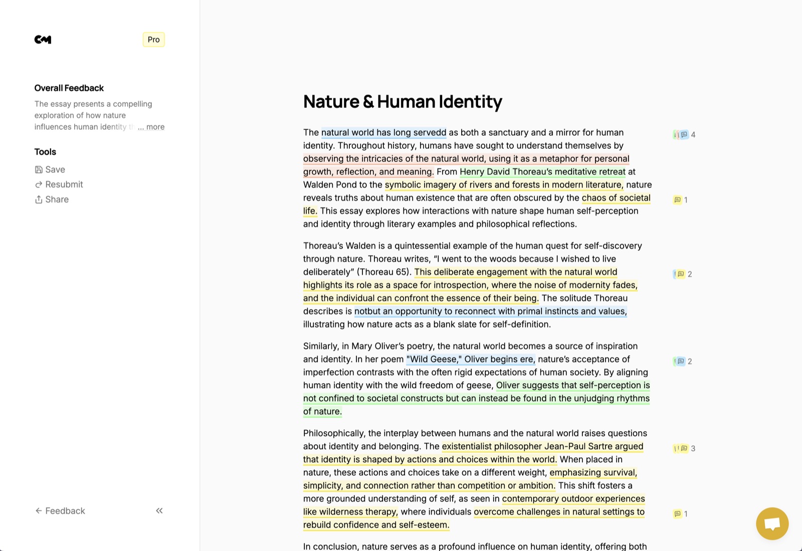 Classmate's editor: an essay with color-coded feedback highlights, the overall feedback in the sidebar, and comment counts next to each paragraph
