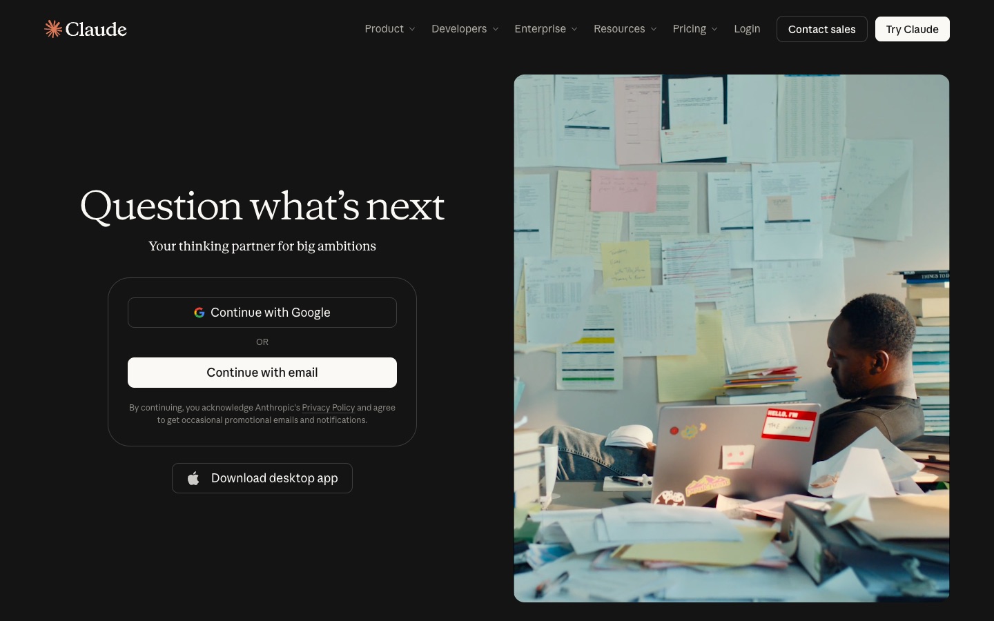 Claude's homepage: "Question what's next. Your thinking partner for big ambitions"