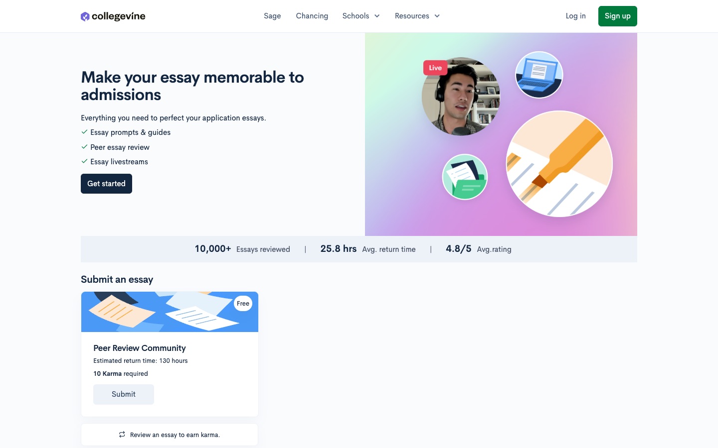 CollegeVine's essay page: "Make your essay memorable to admissions," with peer essay review and essay livestreams