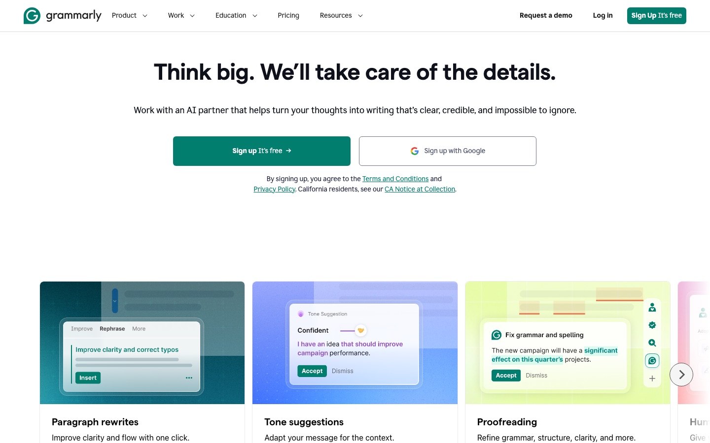 Grammarly's homepage, showing its paragraph rewrites, tone suggestions, and proofreading features