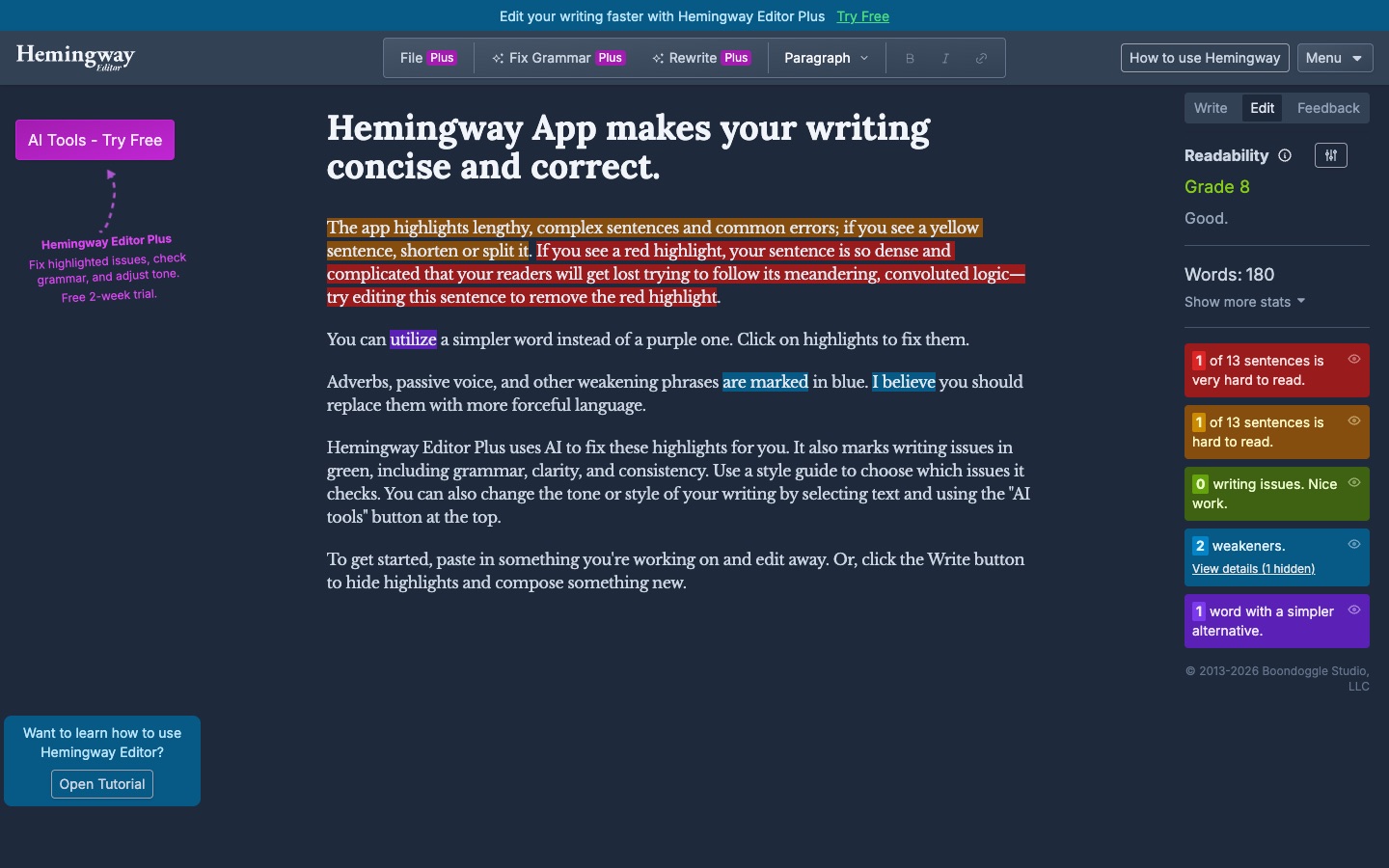 Hemingway Editor highlighting hard-to-read sentences in yellow and red, adverbs in blue, and simpler word choices in purple
