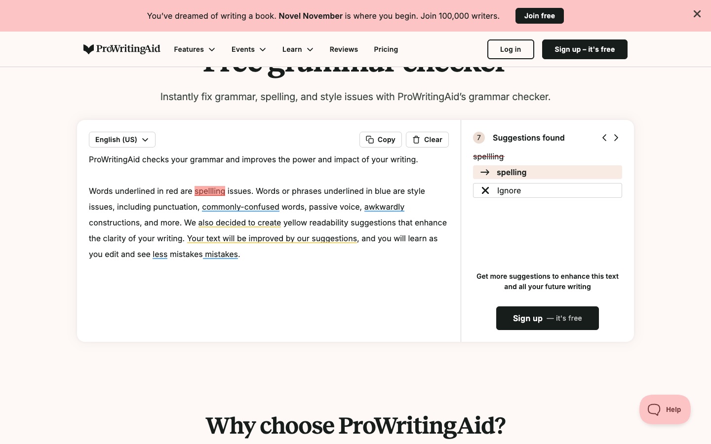 ProWritingAid's free grammar checker, with spelling and style suggestions underlined in a sample paragraph