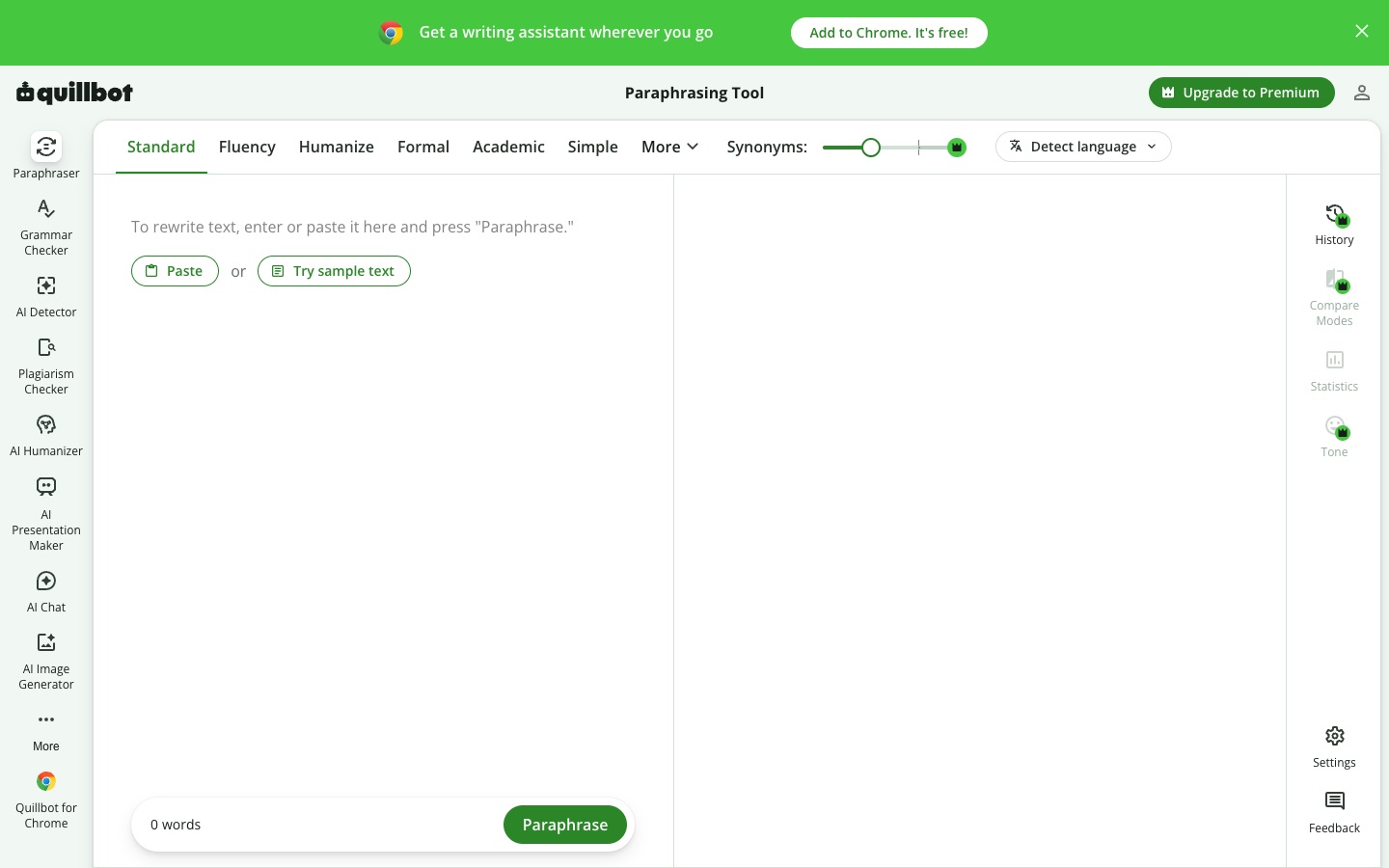 QuillBot's paraphrasing tool, with modes like Standard, Fluency, Humanize, Formal, and Academic